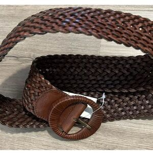 NWT Women M TALBOTS Genuine Leather Brown Leather BRAIDED BELT Round Buckle